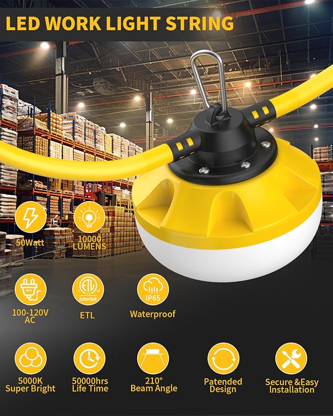 100FT LED Construction String Lights 10 Bulbs,10000LM,Industrial Grade,Weatherproof, Linkable 5000K Super Bright | Lumora