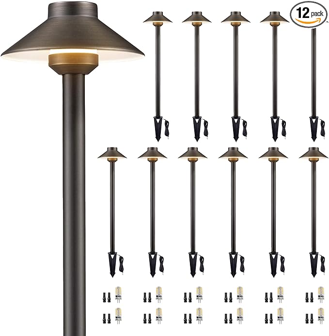 Gardenreet Solid Cast Brass Pathway Light - 12v Landscape Path Lights Outdoor Waterproof, Electric Walkway Fixture Wired, Antique Bronze Garden Decor with 3W 270LM 5000K Daylight G4 Bulb (12 Pack)