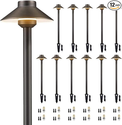 Gardenreet Solid Cast Brass Pathway Light - 12v Landscape Path Lights Outdoor Waterproof, Electric Walkway Fixture Wired, Antique Bronze Garden Decor with 3W 270LM 5000K Daylight G4 Bulb (12 Pack)