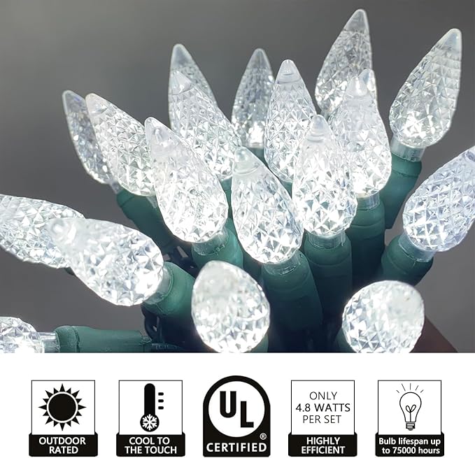 UL Listed 50 Count C6 Led Christmas Light,C6 Dimmable Strawberry Christmas Light Bulb,Outdoor Led String Light for Garden Patio Trees Lighting Decoration,17 Feet Green Wire (Cold White)