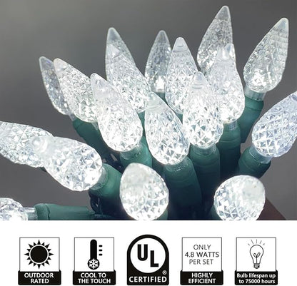 UL Listed 50 Count C6 Led Christmas Light,C6 Dimmable Strawberry Christmas Light Bulb,Outdoor Led String Light for Garden Patio Trees Lighting Decoration,17 Feet Green Wire (Cold White)