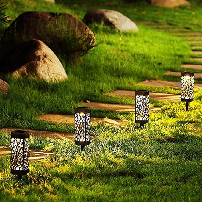 6Pcs Hollow-Out Solar Lawn Lights Warm White Waterproof Garden Solar Pathway Lamps Ground Plug Outdoor Landscape Lighting for Yard