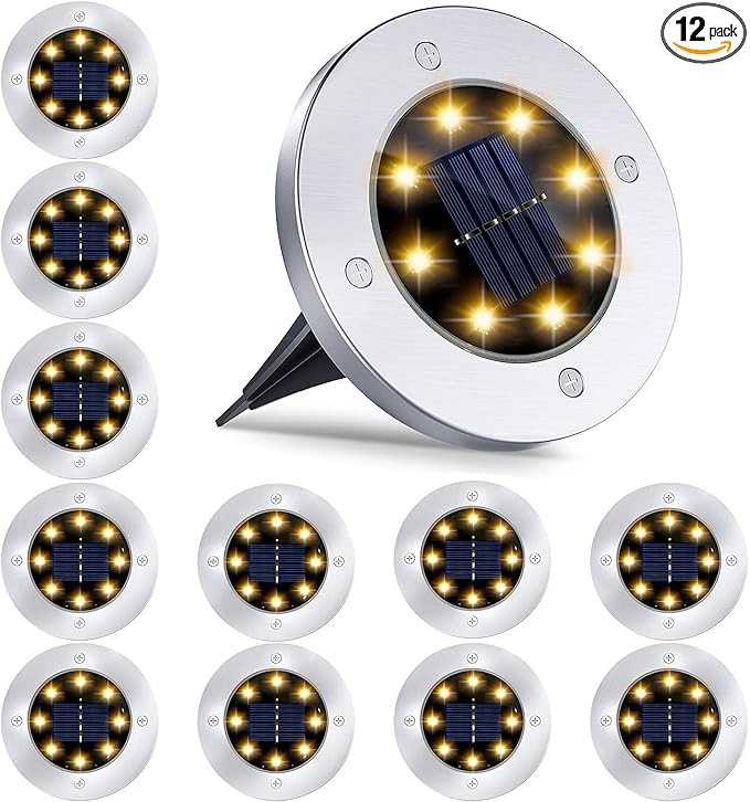 12 Pack 8LED Solar Garden Lights Outdoor Waterproof Sidewalk Disk Bright In-Ground Landscape Lighting for Lawn | Lumora