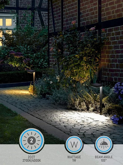 LEONLITE 2CCT Solar Landscape Pathway Lights Outdoor, 50/100% Dimmable, Auto Dusk to Dawn, Solar Powered Lights for Garden, Sidewalk, 2700K Soft White /4000K Cool White, IP65, 120lm, Black, Pack of 6