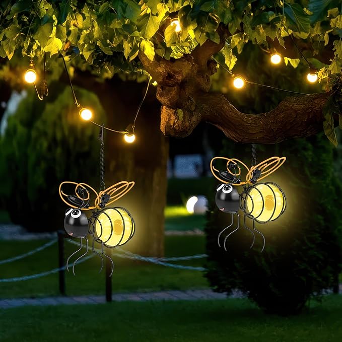 Solar Hanging Bees Lights 2 Packs - Cute Solar Insect Lights Outdoor Waterproof, Metal LED Bugs Lamp Garden | Lumora