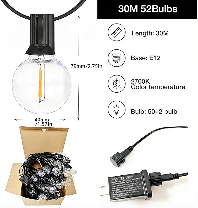 Outdoor LED String Lights with 100 Feet G40 Globe 52 Plastic Bulbs(2 Spare), Waterproof Hanging Light for Patio Backyard Porch Balcony Party Decoration