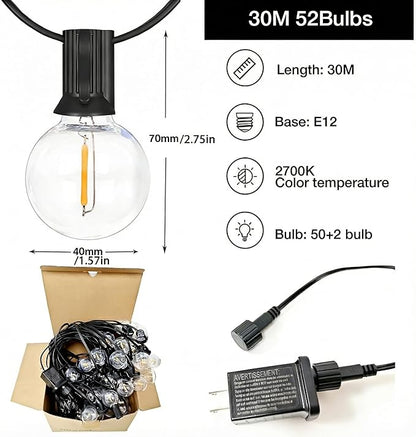 Outdoor LED String Lights with 100 Feet G40 Globe 52 Plastic Bulbs(2 Spare), Waterproof Hanging Light for Patio Backyard Porch Balcony Party Decoration