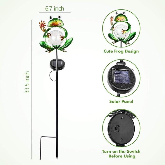 Litake Solar Garden Lights Frog Garden Outdoor Decorations Solar Lights Waterproof Crackle Glass Globe Metal Garden Stake Lights Warm White for Patio, Path, Yard, Lawn