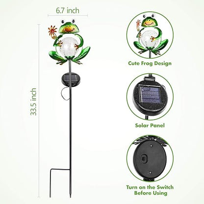 Garden Solar Lights Outdoor Decorations, Waterproof Frog Crackle Glass Globe Metal Garden Stake Lights, Solar Powered Warm White LED Light for Pathway Lawn Patio Yard Decor Mother's Day Gift