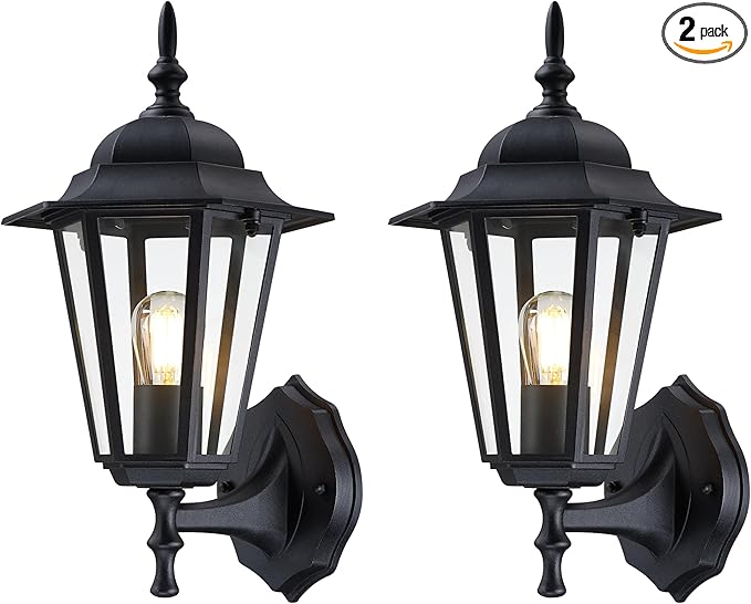 Outdoor Wall Lantern, Wall Sconce as Porch Lighting Fixture, E26 Base 60W Max, Aluminum Housing Plus Glass, Wet Location Rated, Bulbs not Included, Matte Black, 2 Pack