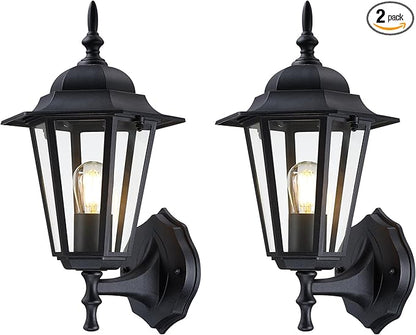 Outdoor Wall Lantern, Wall Sconce as Porch Lighting Fixture, E26 Base 60W Max, Aluminum Housing Plus Glass, Wet Location Rated, Bulbs not Included, Matte Black, 2 Pack