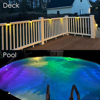 DenicMic Solar Deck Lights 3000K Warm White/Color Changing Outdoor Fence Solar Lights for Step, Railing, Wall, Pool Side LED Waterproof Patio Decor 6 Pack