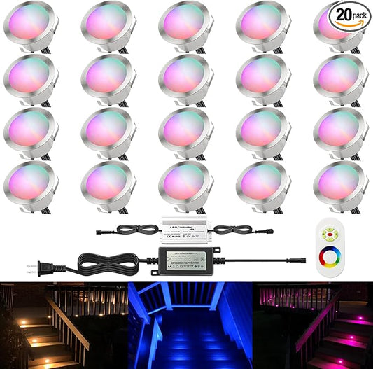 LED Outdoor Deck Lights Kits, Φ1.77in RGB 20 Pack Silver, Low Voltage 12 Volt DC IP67 Waterproof, Multi Color Changing Remote Dimmable, Recessed Stair Step Landscape Lighting