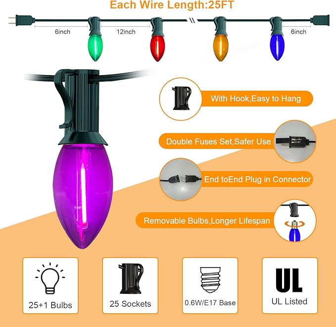 C9 LED Multicolor Christmas Lights, 25Ft Vintage String Lights with 26 Ceramic Colorful LED Bulbs, Connectable for Patio Garden Holiday Home Decor