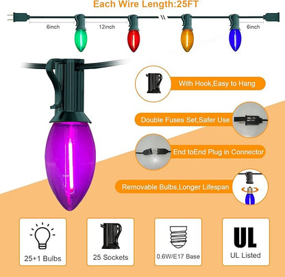 C9 LED Multicolor Christmas Lights, 25Ft Vintage String Lights with 26 Ceramic Colorful LED Bulbs, Connectable for Patio Garden Holiday Home Decor