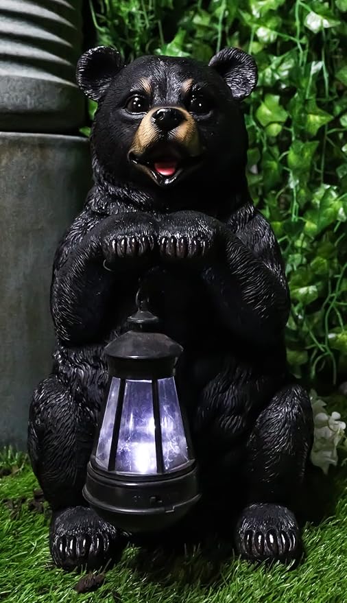Ebros Gift Rustic Garden Decorative Adorable Forest Black Bear Holding Lantern Greeter Statue Figurine Solar LED Lantern Path Light for Indoor Outdoor Home Bears Wild Animals Sculpture
