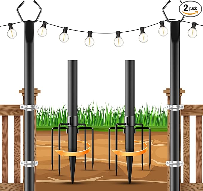 OHLUX 2 Pack 10FT String Light Poles, Outdoor Poles with Fence Brackets for Hanging Lights, Metal Stand for Patio | Lumora