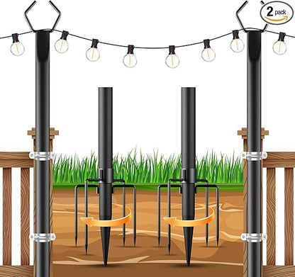 OHLUX 2 Pack 10FT String Light Poles, Outdoor Poles with Fence Brackets for Hanging Lights, Metal Stand for Patio, Backyard, Yard, Deck