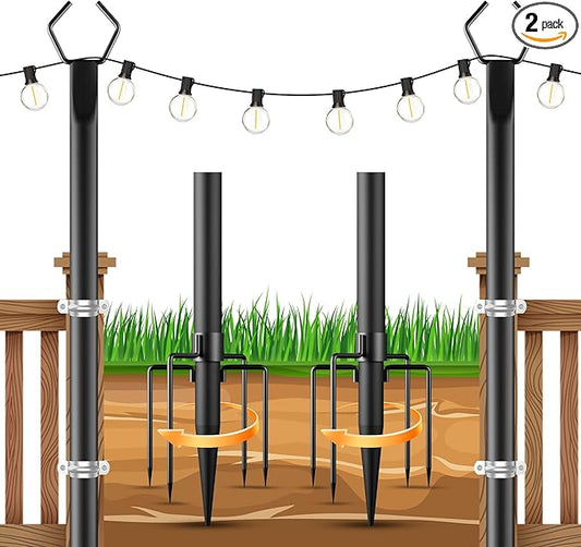 OHLUX 2 Pack 10FT String Light Poles, Outdoor Poles with Fence Brackets for Hanging Lights, Metal Stand for Patio, Backyard, Yard, Deck