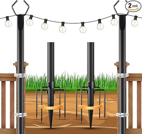 OHLUX 2 Pack 10FT String Light Poles, Outdoor Poles with Fence Brackets for Hanging Lights, Metal Stand for Patio | Lumora