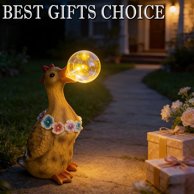 Porch Goose Statue with Solar Bubble Light Garden Yellow Figurine Decor for Yard Lawn Patio Outdoor Decorations Housewarming Gifts for Mom Grandma Women