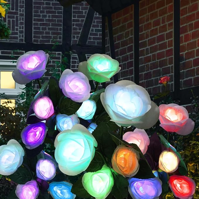 Solar Rose Garden Lights Outdoor Decorative, 7 Color Changing Solar Flower Lights Waterproof, 40H Solar Powered Pathway Lights for Yard Lawn Patio Walkway Landscape Decor, 4pcs