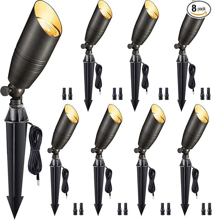 Gardenreet Spot Light Brass - Outdoor Landscape Spotlights LED, 12V Low Voltage Landscaping Uplights Bright, Hard-Wired All Weather Bronze for Backyard Lawn with No Bulbs (8 Pack)