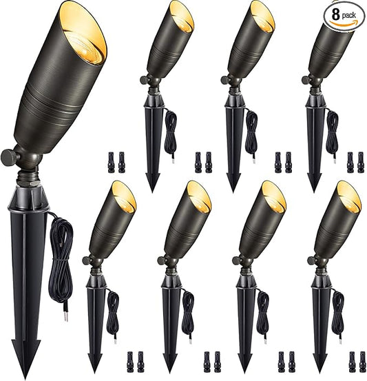 Gardenreet Spot Light Brass - Outdoor Landscape Spotlights LED, 12V Low Voltage Landscaping Uplights Bright, Hard-Wired All Weather Bronze for Backyard Lawn with No Bulbs (8 Pack)