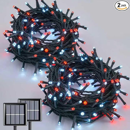 QITONG 2 Pack Red and White Solar String Lights, Each 66ft 200 LED Solar Christmas Lights Outdoor Waterproof, 8 Modes Solar Twinkle Light for Outside