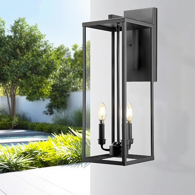 Bestshared Large Outdoor Wall Sconce, 24'' Modern Black Outdoor Wall Lantern, 3-Light Clear Glass Porch Light | Lumora