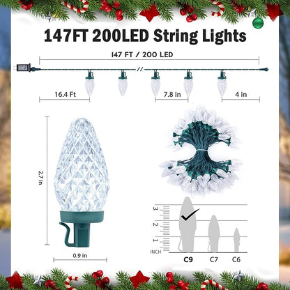 Minetom 147 FT 200 LED C9 LED Christmas Lights Outdoor - Plug in Fairy Lights with Timer & 8 Modes, Waterproof Commercial Grade Extendable for Indoor Outdoor Roofline Patio Yard Xmas Decoration, White