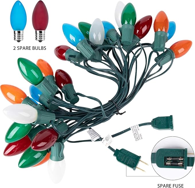 Brightown Multicolor Christmas Lights Ceramic, C9 25 Feet Vintage Incandescent Lights with 25 Opaque Bulbs for | Lumora