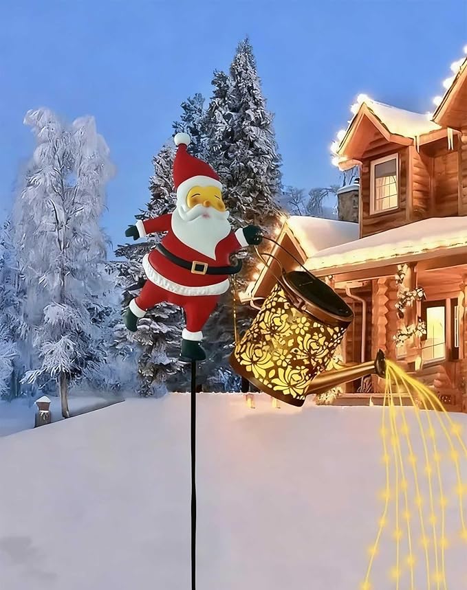 Christmas Santa Solar Kettle Lights Garden Lawn Decorative Lights, 2026 New Hanging Metal Solar Santa Claus Watering Can with LED Light for Pathway Patio(Warm White Lights)