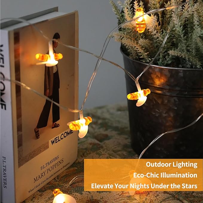 Vigdur 2 Pack Solar Bee String Lights Outdoor, 10 LED 3D Bee Fairy Lights, IP44 Waterproof Solar Powered for Windows, Fences, Patios, Christmas, Weddings & Party Decor (Warm White)