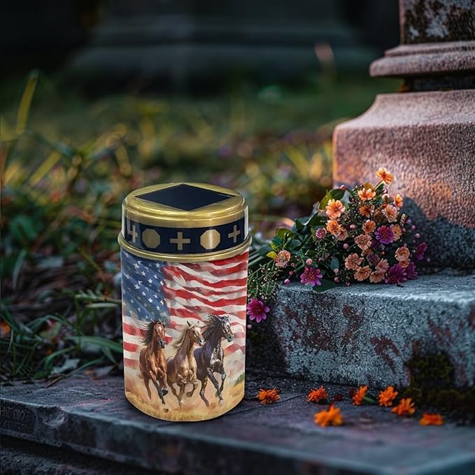 Poceacles Solar Candle Cemetery Solar Lights for Grave LED Garden Lights Solar Powered Solar Pathway Lights Outdoor Waterproof with Dusk to Dawn Sensor, Horse American Flag