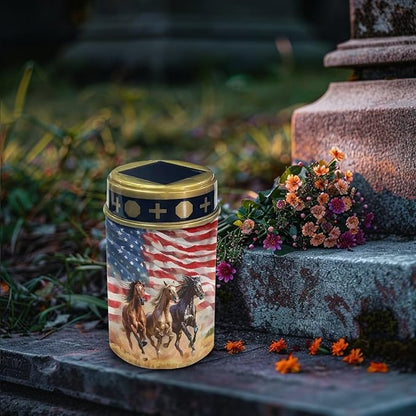 Poceacles Solar Candle Cemetery Solar Lights for Grave LED Garden Lights Solar Powered Solar Pathway Lights Outdoor Waterproof with Dusk to Dawn Sensor, Horse American Flag