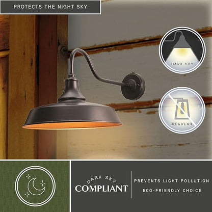 VAXCEL Dorado 12.25 in. H 1-Light Dark Bronze and Light Gold Dusk to Dawn Sensor Farmhouse Outdoor Wall Sconce, Gooseneck Steel Shade, Dark Sky Compliant for Exterior Porch Patio Front Door or Garage