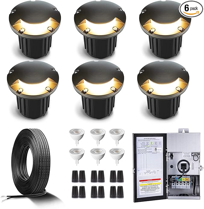 Gardenreet Brass In Ground Lights Kit(6 Pack) with 150W Low Voltage Transformer & MR16 Bulb & 100Feet Wire & | Lumora