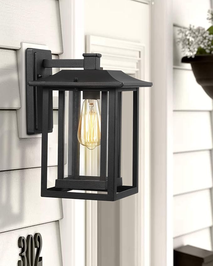 Beionxii Outdoor Light Fixture, Dusk to Dawn Exterior Wall Mount Lantern Outside Lights for House Porch Patio, Black Cast Aluminum w/Clear Glass (13.5" x 9") - A197W-2PK