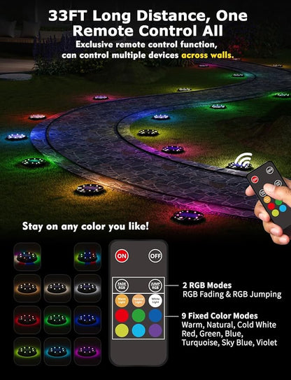 Color Changing Solar Ground Lights with 33ft Long Distance Remote Control - Flat Solar Lights Outdoor Waterproof - Pathway Lights Solar Powered for Yard Decorative Outside Lawn Walkway [6 Pack]