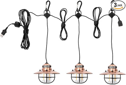 Barebones Edison Pendant String Lights - Copper, 3 Edison-Style LED Bulbs with 10-Foot Cord, Energy-Efficient Outdoor Lanterns for Patio, Garden, or Indoor Decor