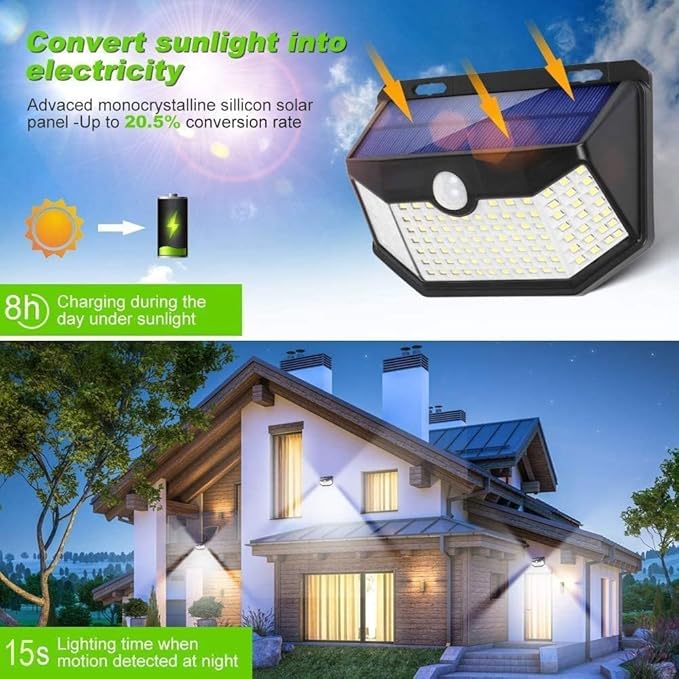 HMCITY Solar Lights Outdoor 120 LED 3 Lighting Modes,Motion Sensor Wall Lights, IP65 Waterproof Solar Powered Wall Lights for Garden Deck Lights (Back Button 4Packs, Black Shell-Daylight White)