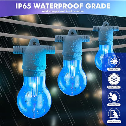 48FT RGB LED Outdoor String Lights - Dimmable Color Changing Patio Lights with Shatterproof E26 Edison Bulbs, Remote Control for Garden, Bistro & Backyard Decor(White)