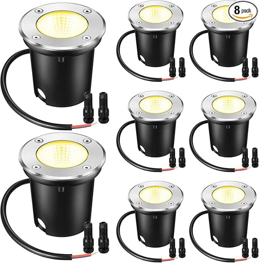 Yahenda 8 Pcs 3W LED Well Lights Low Voltage Outdoor Landscape In Ground Waterproof Outdoor 12V-24V Landscape Lighting Warm White for Floor Pathway Garden Driveway Patio Decors, 32 Connectors