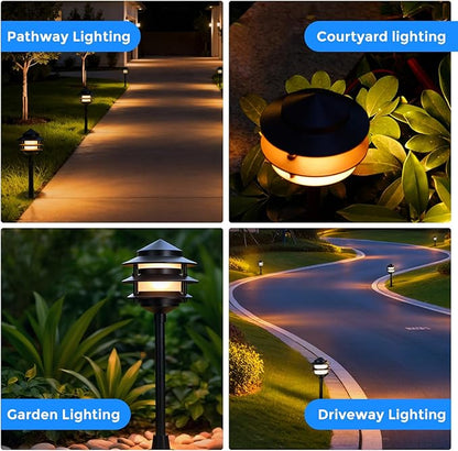 Gardencoin Pagoda Low Voltage Landscape Pathway Lights, 12V Outdoor LED Path Lights Wired, Aluminum Walkway Lighting with 4W 2700K Replaceable G4 Bulb, Classic 3-Tier Lantern, 12 Pack