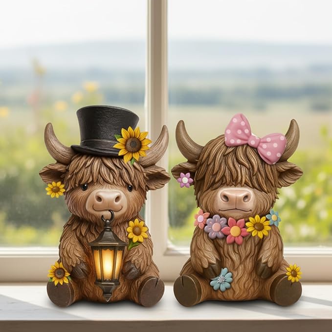 Retisee 2 Pcs Solar Highland Cow Garden Statues Resin Garden Highland Cow Statues with Flower LED Lights Outdoor | Lumora