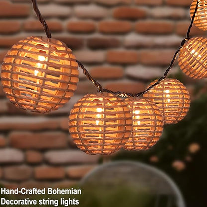 Decorative String Lights Plug in with 10 Incandescent Bulbs, Natural Rattan Globe Boho Lantern String Lights Connectable Weatherproof Outdoor Indoor for Bedroom Patio Pergola Decor