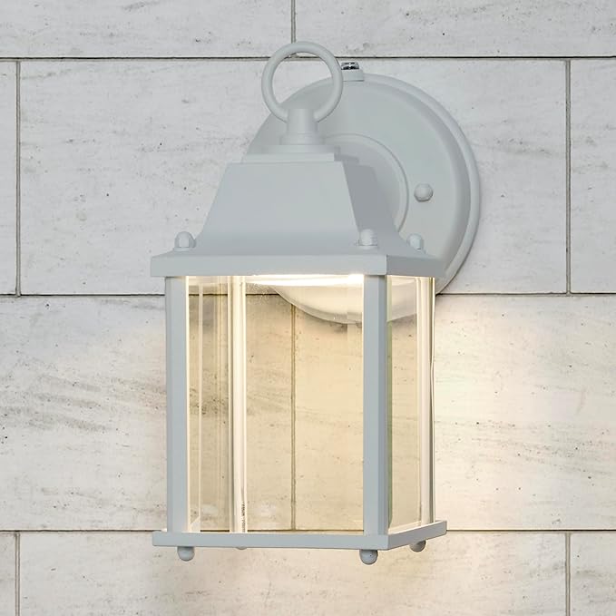 Maxxima LED Porch Lantern Outdoor Wall Light - White with Clear Glass, 3000K Warm White, 650 Lumens, Dusk to Dawn Photocell Light Sensor, Patio or Porch Sconce Fixture, Exterior Lighting - White