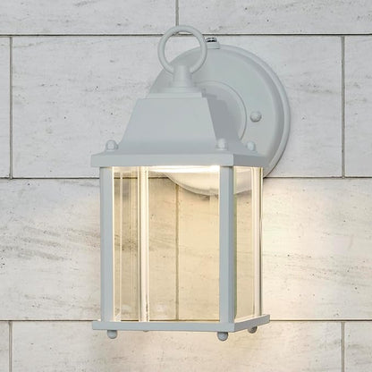 Maxxima LED Porch Lantern Outdoor Wall Light - White with Clear Glass, 3000K Warm White, 650 Lumens, Dusk to Dawn Photocell Light Sensor, Patio or Porch Sconce Fixture, Exterior Lighting - White