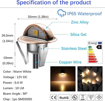 LED Outdoor Deck Lights Kits, Φ1.38in Warm White 10 Pack Bronze, Low Voltage 12V DC IP65 Waterproof, Electric Wired Recessed Stair Step Riser Mini Under Landscape Lighting for Exterior Floor